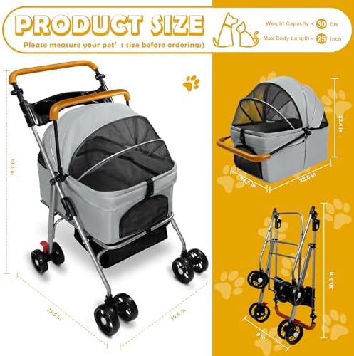 Pet Stroller with Storage Basket and Cup Holder, Folding Dog Jogger, Foldable Cat Stroller, 3 in 1 Puppy Kitten Cart, Pet Jogger for Medium Dog Cat (Gray)