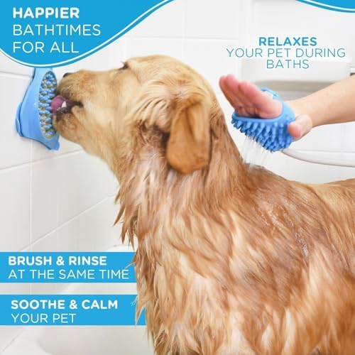 Aquapaw Dog Bath Brush & Sprayer - Hands-Free Shower Scrubber - Adjustable Sprayer & Shower Hose Attachment - Silicone Massage Brush for Dog Grooming Supplies - Original, Blue