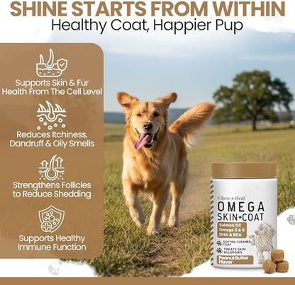Omega 3 Fish Oil for Dogs, Peanut Butter - 180 Soft Chews for Skin and Coat