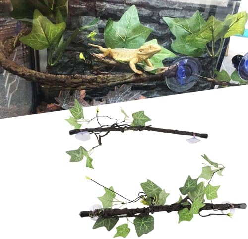 Reptile Corner Branch, 2 pcs Plastic Strong Durable Imitation Bendable Jungle Climbing Vine Suction Cup Design Flexible Terrarium Plant Decoration for Amphibian Lizard Snake Gecko Bearded Dragon Cage