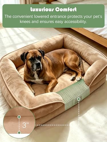 Spotted Play Orthopedic Dog Bed with Sides - Sofa Beds for Large Dogs, Supportive Foam Pet Couch Bed with Washable Removable Cover, Waterproof Lining and Non-Slip Bottom, Brown - L-Plus