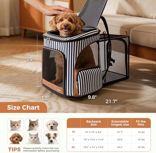 Lekereise Pet Carrier Backpack Expandable Cat Backpack Carrier for Small Dogs Large Cats Puppies, Dog Backpack Carrier for Hiking Travel Outdoor cat carrier backpack hold Pets Up to 20 25 Lbs, Striped