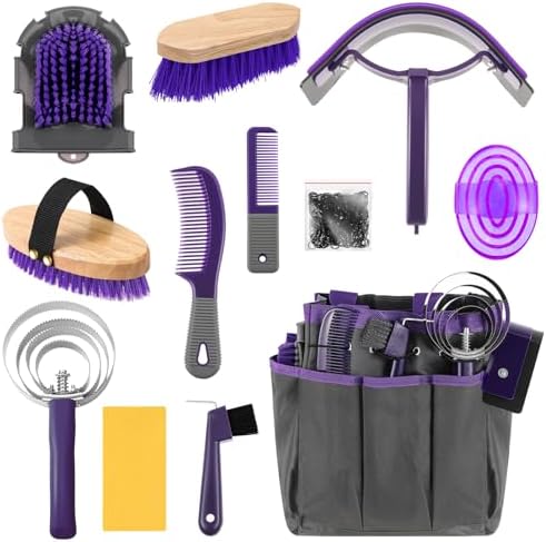 Abbylike 12 Piece Horse Grooming Kit with Organizer Tote Bag Brush Sets for Derby Day Show Horses Professional Tools for Care & Massage(Grey and Purple)