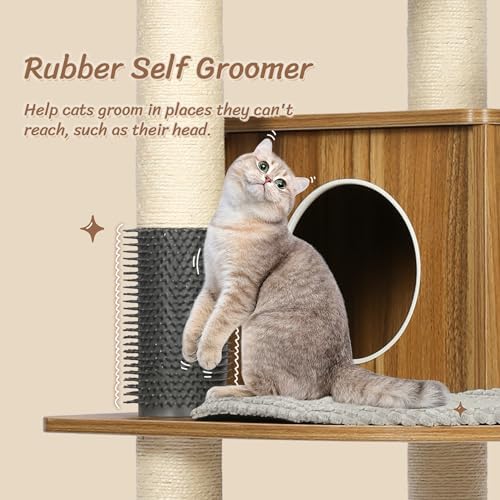Tall Wooden Cat Tree, 69.3 Inch Modern Cat Tower for Indoor Cats, Multi-Level Cat Condo with 5 Scratching Posts, Perch, Cat Furniture for Big Cats, Rustic Brown