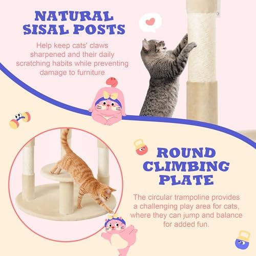Allewie 55.5 in Cat Tree for Indoor Kitties/Soft Plush Perches/Multi-Level Cat Tower/Sisal Scratching Posts/Crescent Plates/Round Jumping Board/Hanging Ball/Pet Activity Center/Beige