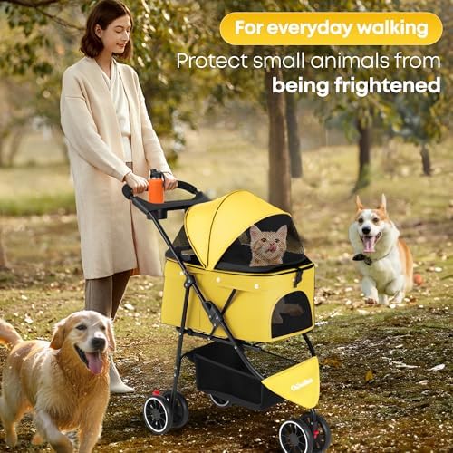 Pet Stroller,Dog Stroller for Small Medium Dogs Cats,3 Wheels,Yellow