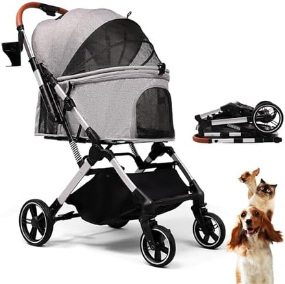 Bicystar Foldable Dog Stroller for Small Medium Dogs & Cats, 45 lbs, Grey