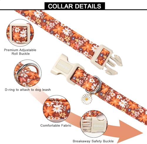 Lionet Paws Vintage Floral Dog Collar- Cute Fall Groundsel Oxalis Golden-Rod Dog Collars with Plastic Buckle,Light Adjustable Brown Dog Collars for Small Dogs