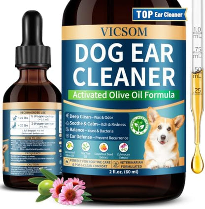 VICSOM Dog Ear Cleaner, Ear Drops for Dogs with Ozonated Olive Oil, 60 mL