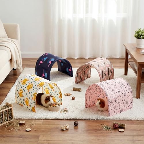 BreezeHug 4 Pcs Guinea Pig Tunnel Foldable Rabbit Hideout Washable and Soft Bunny Hide House Ferret Tunnel Toys Cage Accessories for Small Animal Hamster Hedgehogs Chinchilla (Cute Pattern)