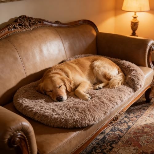 Orthopedic Dog Bed with Egg-Crate Base, Calming Dog Beds Fluffy Plush Faux Fur with Raised Edges, Spine Friendly Pet Sleeping Mat for Medium Large Dogs, Machine Washable (Oval, Brown 32"x24")