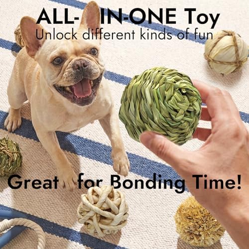 Natural Dog Chew Toy, 1pcs Woven Grass Chew Ball for Dogs, Dental Teething Toy & Interactive Fetch Toys, Outdoor Rattan Digestible Chew Ball for Boredom Relief - Seaweed & Timothy Hay