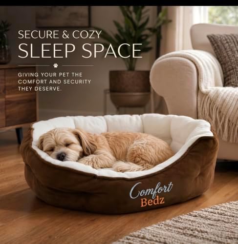 Calming Dog Bed for Small, Medium, and Large Dogs, Ultra-Soft Plush Sherpa Interior, Raised Bolster Rim, Faux Suede Exterior, Brown and Cream 81cm