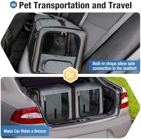 Lekereise Extra Large Cat Carrier for 2 Cats, 2-in-1 Cat Travel Carrier with Litter Box, (20.85" x2) x19.7"x19.7" Pet Carrier with Zipper Locks for Moving Across The Country (No Hammock) - Grey