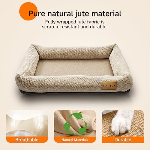 MOHAYA Jute Pet Bed-L, 2-in-1 Small Dog Bed & Scratch Pad – Breathable Jute & Cotton Dual-Layer Design, Eco-Friendly Lounger with Cooling Comfort for Summer – Washable, Durable, Non-Slip Base