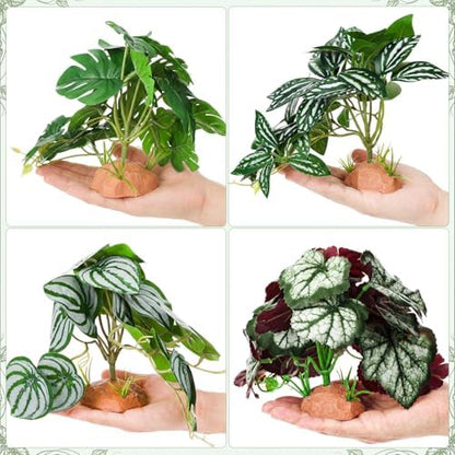 Suncalla 4 Pack Reptile Plants for Terrarium Decor, Snake Tank Accessories, Amphibian Habitat Decor, and Artificial Plants with Base for Bearded Dragon, Gecko, Lizard, Chameleon (Multiple)