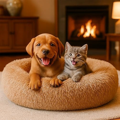 Calming Dog Bed - Fluffy Donut Cuddler for Anxiety Relief, Orthopedic Pet Bed with Non-Slip Bottom, Cozy Round Faux Fur Nest for Dogs and Cats, Plush Crate Mat for Comfort (Camel, Small +)