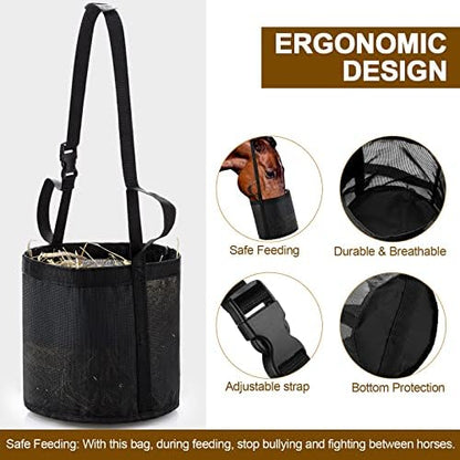 4 Pcs Horse Feed Bag, Heavy Duty Mesh Feeder with Adjustable Strap, Black