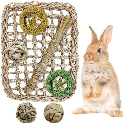 Hamiledyi Rabbit Seagrass Activity Mat Bunny Toy Hanging Rabbit Chew Toys for Teeth Enrichment Toys Seagrass Protector Mat Small Animal Toys for Chinchilla Guinea Pig Hamster Rat Rodent