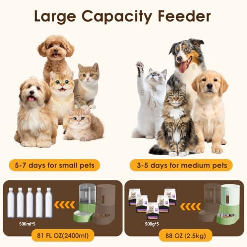2 in 1 Automatic Gravity Cat Dog Feeder and Water Dispenser with 304 Stainless Steel Bowls, 360 Degree Rotatable Auto Food with 2 Specialized Brushes for Small Medium Pet Dog Puppy Kitten (Green)