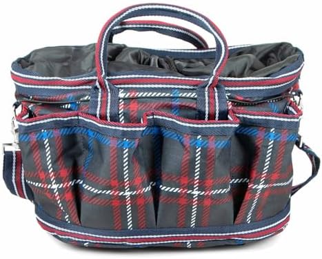 Jeffers Poplar Head Grooming Bag – Horse Grooming Organizer Tote with Pockets for Brushes, Tools, Clippers, Shampoo, Detangler – Stable Barn Kit Carrier for Horses, Pets, Navy & Merlot Plaid