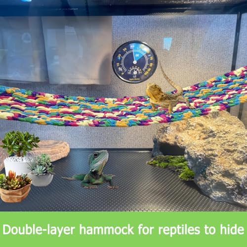 QWR 30" x 7" Hand-Knitted‌ Soft Reptile Lizard Hammock,Lengthened Thicker Hammock for Bearded Dragon Tank Swing Hanging with Strong-Adhesive Hooks,Breathable Bed for Gecko Chameleon(Rectangular)