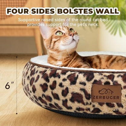 Zerbuger 20in Leopard Round Dog Bed Sofa for Dogs Cats, Machine Washable