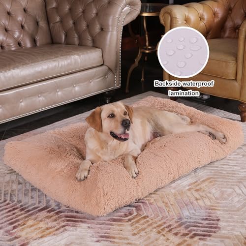 Bedfolks Waterproof Crate Bed, Plush Dog Kennel Pad with Removable Washable Cover, Faux Fur, Fluffy, 41"x27", Solid Camel