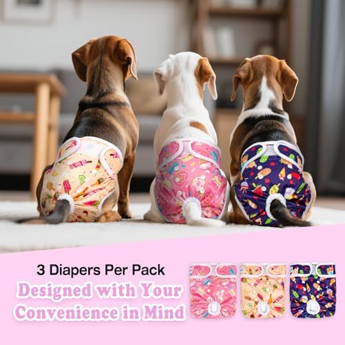 Pet Soft Female Dog Diapers, 3 Pack Washable Dog Diapers Female for Dogs in Heat Reusable Dogs Period Panties, Puppy Diapers (Food, M)
