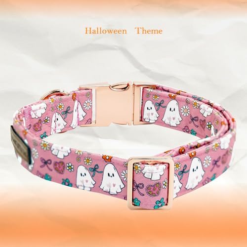 Elegant little tail Halloween Dog Collar, Pink Ghosts Print Dog Collar with Flower Puppy Collar Flower Female Cotton Adjustable Collars for Small Medium Large Dogs