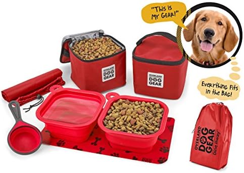 Mobile Dog Gear, Dine Away Dog Travel Bag for Medium and Large Dogs, Includes Lined Food Carriers and 2 Collapsible Dog Bowl, Collapsible Scooper and Placemat, Red