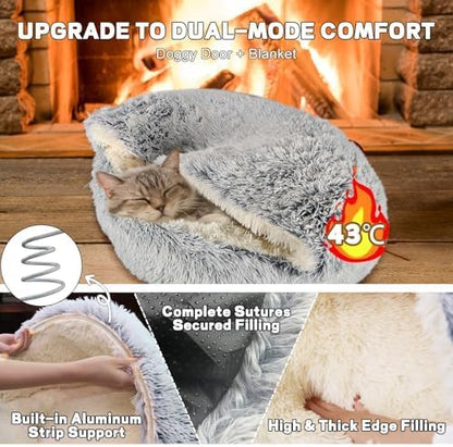 YUDANSI Calming Small Dog Bed & Indoor Cat Bed - Plush Fluffy Hooded Cave Nest, Anti-Slip Self-Warming, Washable Built-in No-Collapsing Support (Grey-65cm/26in)