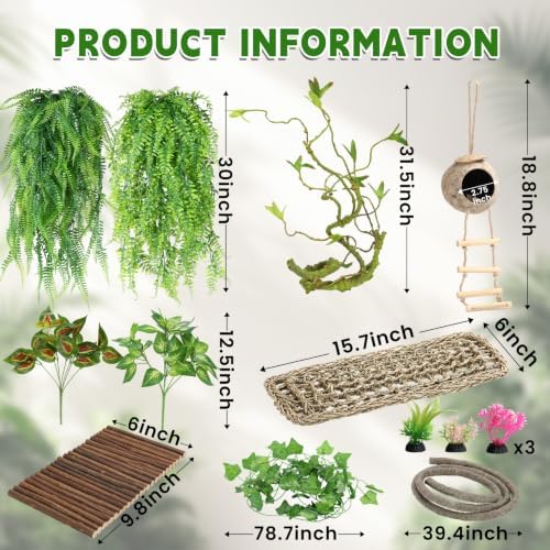 Alotiki Bearded Dragon Tank Accessories, 13Pcs Reptile Plants Vines and Leaves Crested Gecko Tank, Hammock Flexible Bridge, Jungle Climber for Snake Lizard Chameleon Terrarium Decor