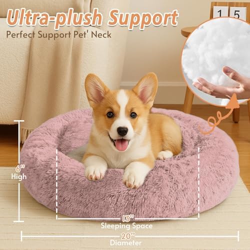 JOLLYVOGUE Calming Small Dog & Cat Bed for Indoor Cats - 20 inches Washable Donut Bed for Kittens & Puppies, Anti-Anxiety Round Fluffy Plush Pet Beds (Fits up to 15 lbs, Dark Pink)