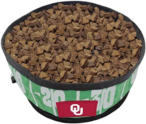 Pets First NCAA Oklahoma Sooners Collapsible Dog Travel Bowl, Food and Water Bowl for Dogs & Cats. Lightweight Leak-Proof Pet Bowl for Travel with Football Field & Pebble-Grain Design