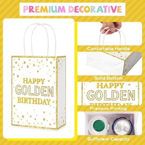 16Pcs Happy Golden Birthday Party Favor Bags White Gold Goodie Bag