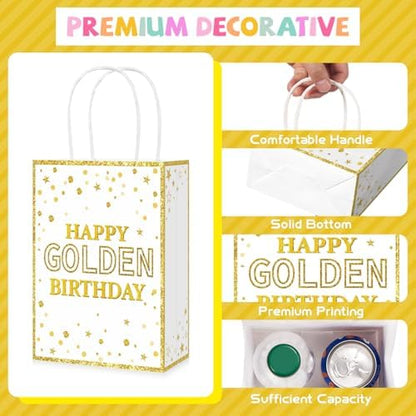 16Pcs Happy Golden Birthday Party Favor Bags White Gold Goodie Bag