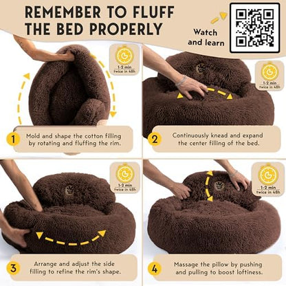 PetJett Calming Dog Bed for Small Dogs – 23" Donut Dog Beds, Anti-Slip & Washable Fluffy Plush Faux Fur Pet Bed, Anti-Anxiety Premium Comfort Round Puppy Bed, Fits Dogs up to 25 lbs – Brown