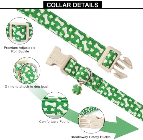 Lionet Paws St. Patrick Dog Collar- Cute Clover Bone Green Dog Collars with Plastic Buckle, Light Adjustable Dog Collars with Clover Pendant for Small Dogs