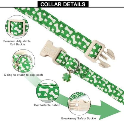 Lionet Paws St. Patrick Dog Collar- Cute Clover Bone Green Dog Collars with Plastic Buckle, Light Adjustable Dog Collars with Clover Pendant for Small Dogs