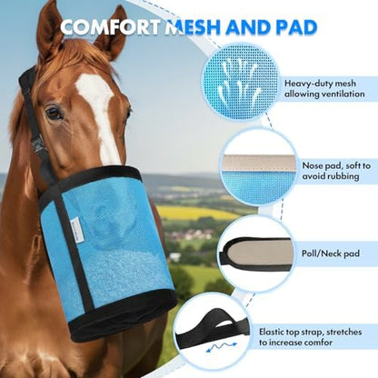Horse Feed Bag Pack of 2 (Reinforced Bottom Edging), Feed Bags for Horses with Ventilation Mesh, Comfort Nose Pad Neck Pad, Adjustable Strap, Spill Proof Design for Feeding Grain, Supplements