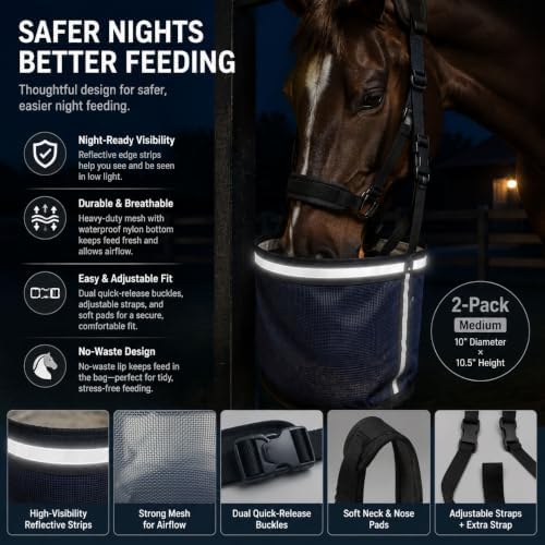 Horse Feed Bag,Heavy Duty Muzzle Feed Bag with Adjustable Strap,Comfort Neck Pad,Nose Pad and Double Waterproof Bottom Mesh Feed Bags for Horse Pack of 2 (Dark Blue & Grey(Reflective))