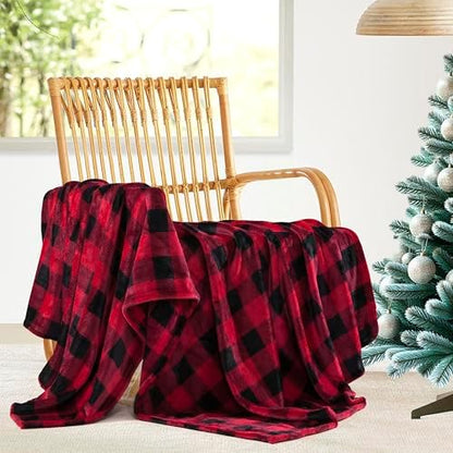 Elegant Comfort Velvet Touch Ultra Plush Christmas Holiday Buffalo Plaid Fleece Throw/Blanket-50 x 60inch, Buffalo Burgundy