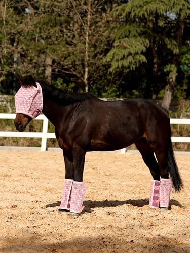 Tackmore Horse Fly Mask Without Ears, Breathable Structured Mesh for Horses, Soft Fleece Edging, UV Protection, Printed Turnout Mask for Pasture-Pink Print M