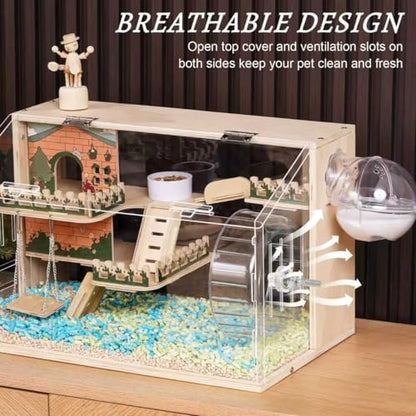11 in 1 Wooden Hamster Cage with All Accessories, 19.3" 3-Layer Dwarf Hamster Cage Acrylic,Small Animal Cages, Pastoral Style Mouse Cage for Mice, Hedgehog and Small Pets, with Stairs, Fences, Swing
