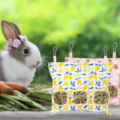 Lesnala 2 Pcs Canvas Hanging Bunny Hay Feeder Bags 3 Holes 2 Styles