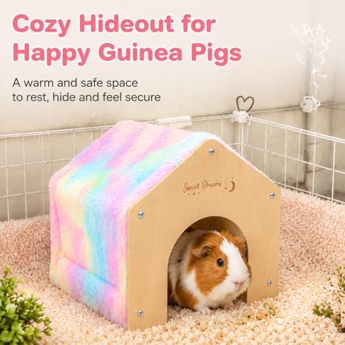 Guinea Pig Hideout House, Tie Dye Plush Small Animal Hideaway Shelter with Wooden Frame, Cozy Pet Bed for Guinea Pigs, Hamsters, Hedgehogs, Chinchillas, Rats and Small Pets
