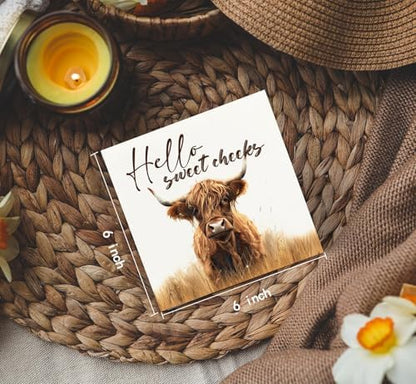Highland Cow Bathroom Decor Sign, Hello Sweet Cheeks Wooden Box Signs, Highland Cow Gifts For Women Lovers,6x6