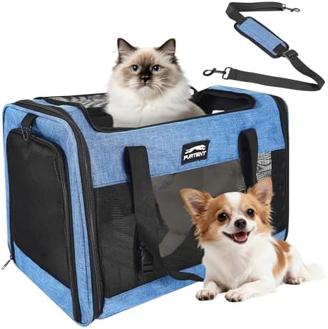 Soft Sided Cat Carrier for Large Cats, Pet Carrier for 2 Cats or Small Dogs Up to 25Lbs, Large Cat Carrier with Shoulder Strap, Cat Car Carrier with Safety Rope, Cat Carriers 20x13x13 inches, Blue