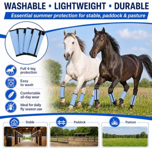 Fly Boots for Horses Set of 4 - Breathable Mesh Equine Leg Protection,Anti-Sag Stay-On Horse Fly Boots,Reduces Stomping & Fatigue,UV-Block, Adjustable Fit for Medium to Large Horses